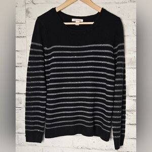 Joe Fresh Black & Grey Striped Crekneck Sweater with Scattered Sequin throughout